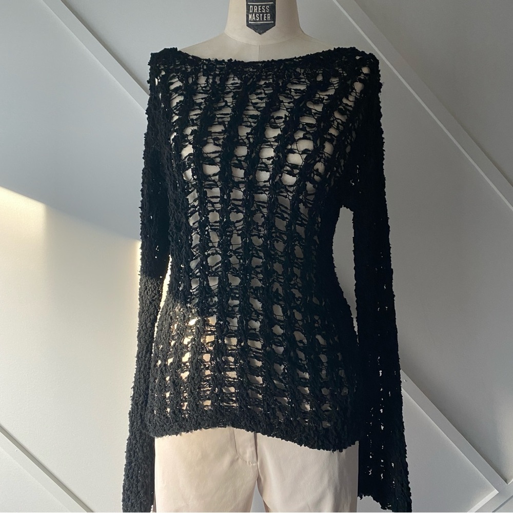Weekend Max Mara Black Crochet Open Knit Cotton Sweater S Boat Neck|Luxury AS-IS